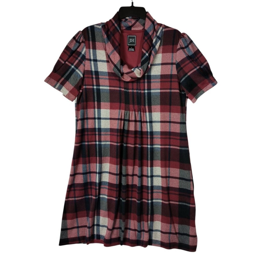 Jessica Howard JH Plaid Short Sleeve Cowl Neck Fleece Knit Dress Size Large